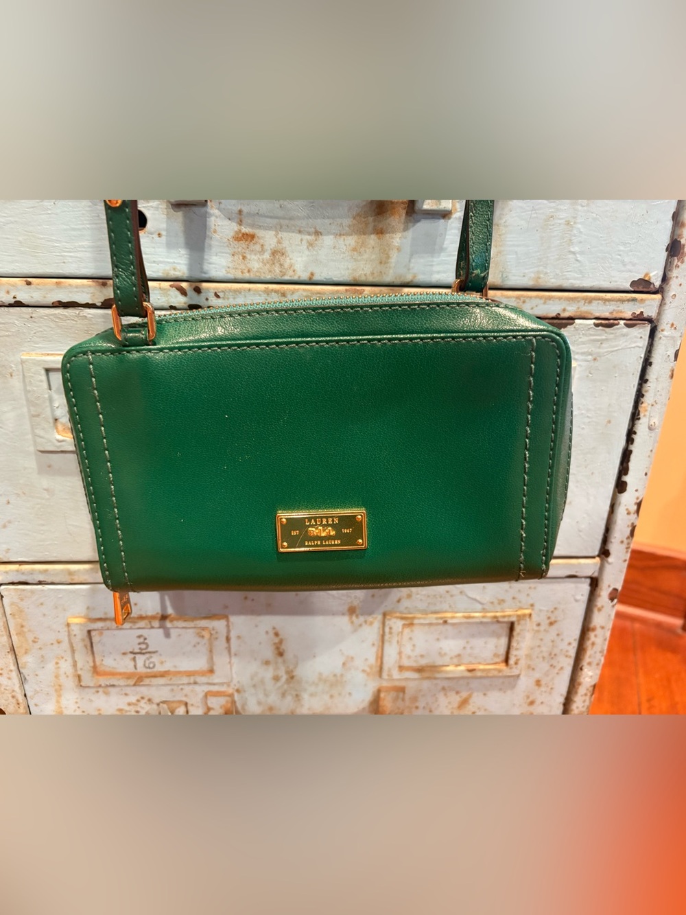 Lauren Ralph Lauren Emerald Green Leather Crossbody with Gold Plaque